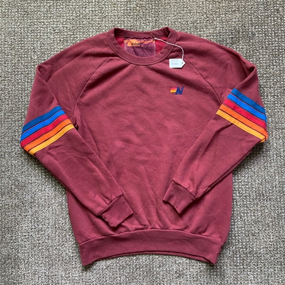 Aviator Nation Sweaters - Aviator nation maroon burgundy claret rainbow sleeve stitch stripes crew neck